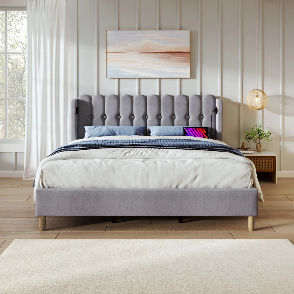 Letto matrimoniale imbottito 140 ¡Á 200 cm con materasso a molle ricarica USB e Tipo C in lino grigio