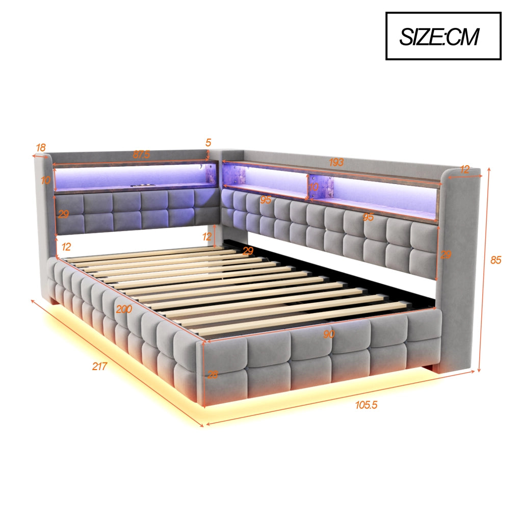 Divano letto 90 × 200 cm con vano contenitore idraulico; ripiani; LED; prese USB e Type-C in velluto grigio chiaro