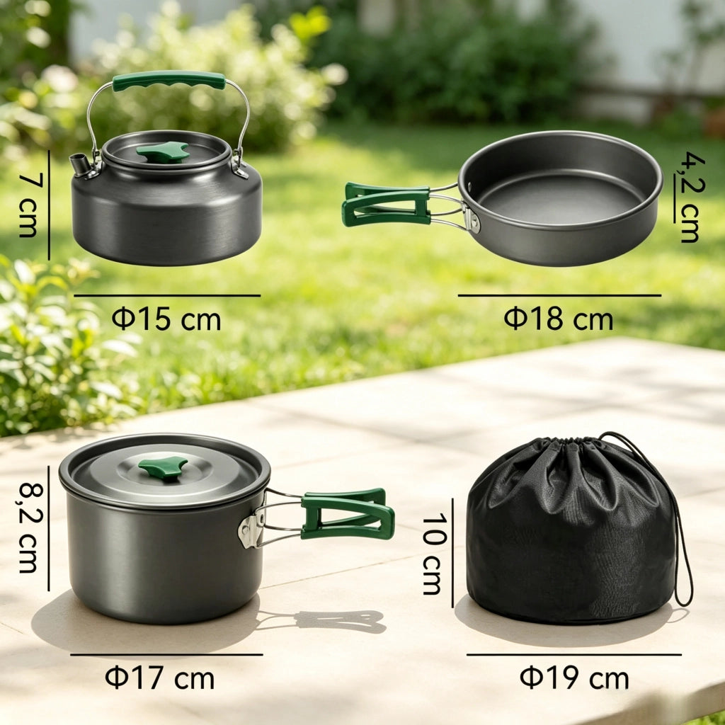 Set di pentole da campeggio, 11 pezzi, in alluminio, pentole da campeggio in alluminio con borsa e manici resistenti al calore (tavoli non inclusi, so