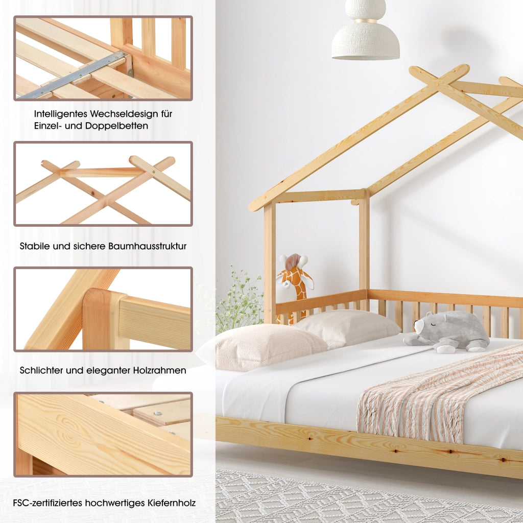 Letto a casetta 90 × 200 cm estensibile fino a 180 × 200 cm con sponde su tre lati in legno di pino naturale
