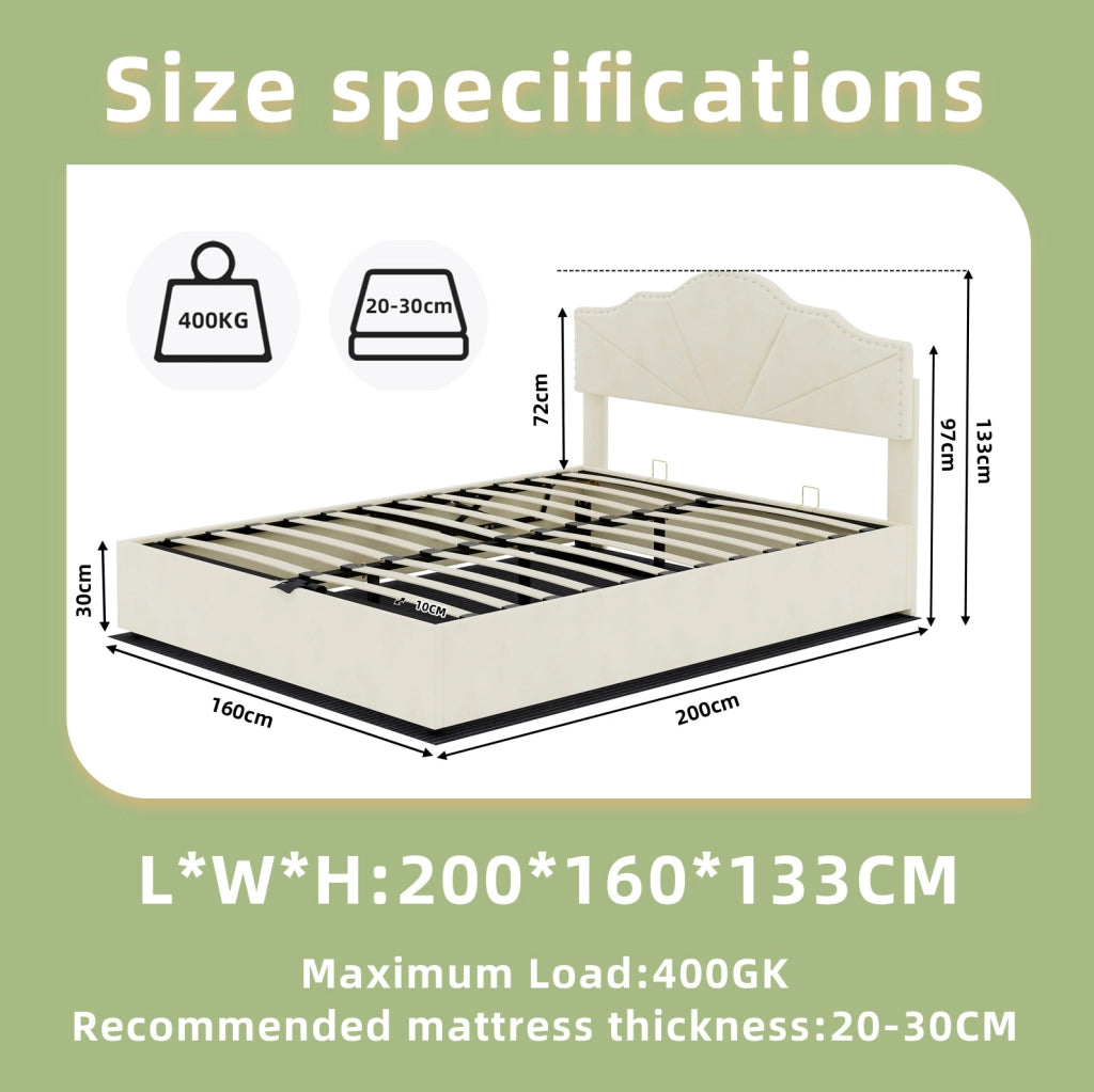 Letto moderno minimalista 160x200 cm beige con testiera imbottita e struttura contenitore con pistone pneumatico, materasso incluso
