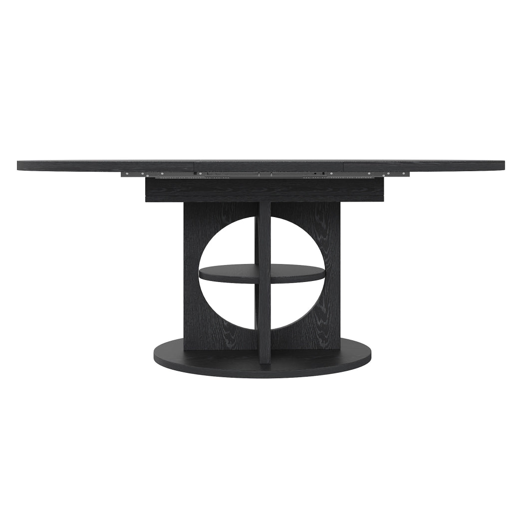 Tavolo da pranzo estensibile ULEVR 110-150 cm rotondo e ovale con ripiano integrato, MDF e metallo nero