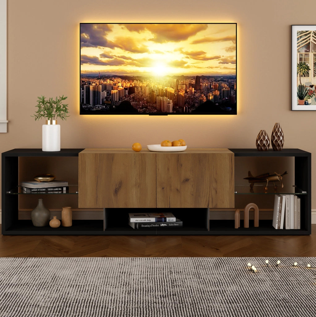 Mobile TV moderno nero con illuminazione LED e due cassetti