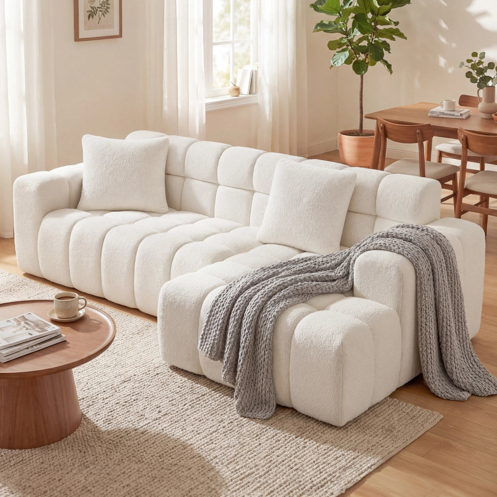 Divano angolare modulare a L; chaise longue; seduta confortevole; ciniglia bianca testurizzata; per soggiorno o studio; 249;94x99;06x59;94 cm