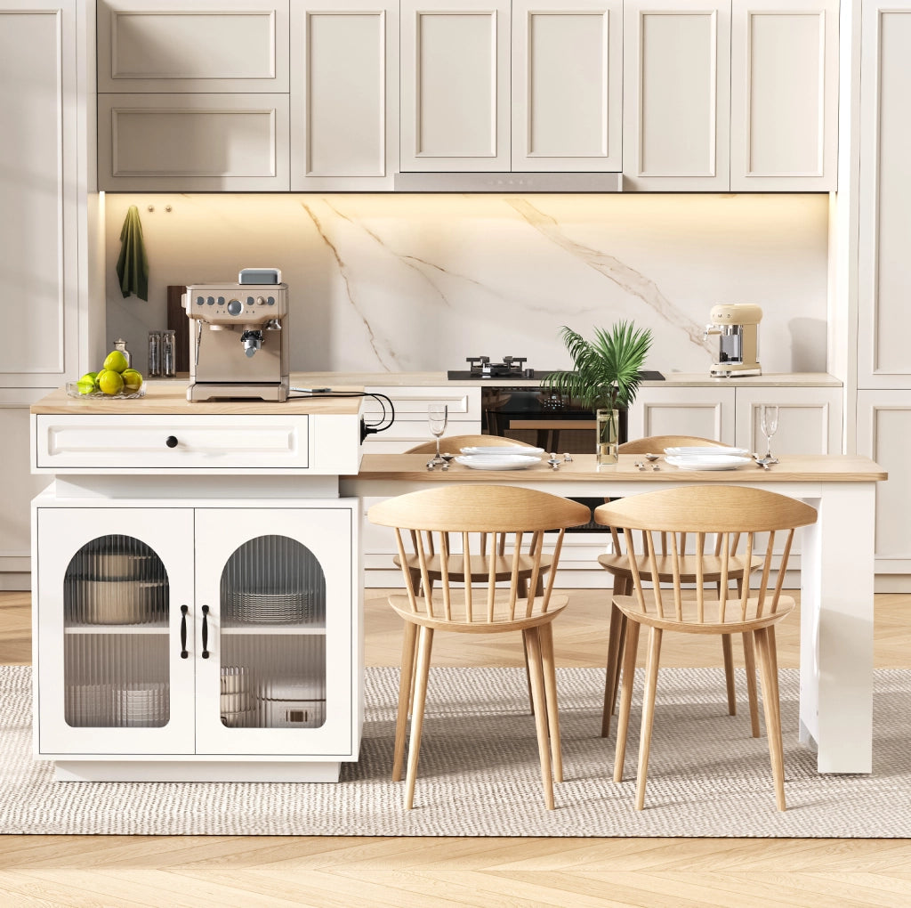 Isola da cucinaestensibile 128-200x71 cm bianca in MDF e vetro con LED e prese