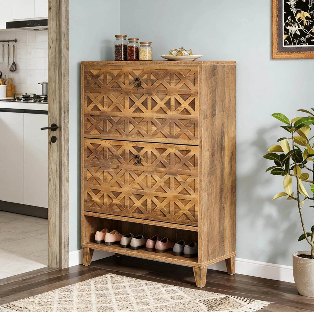 Scarpiera salvaspazio 80x24x110 cm con 2 cassetti a ribalta e ripiano aperto marrone