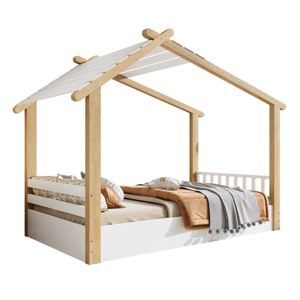 Letto casetta per bambini 90 × 190 cm 1 posto, senza materasso, in pino, truciolare e MDF, bianco naturale