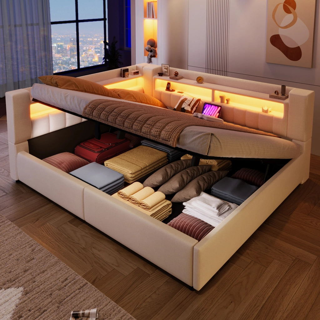 Letto divano contenitore 140x200 cm in lino beige con apertura idraulica; LED; USB e USB-C