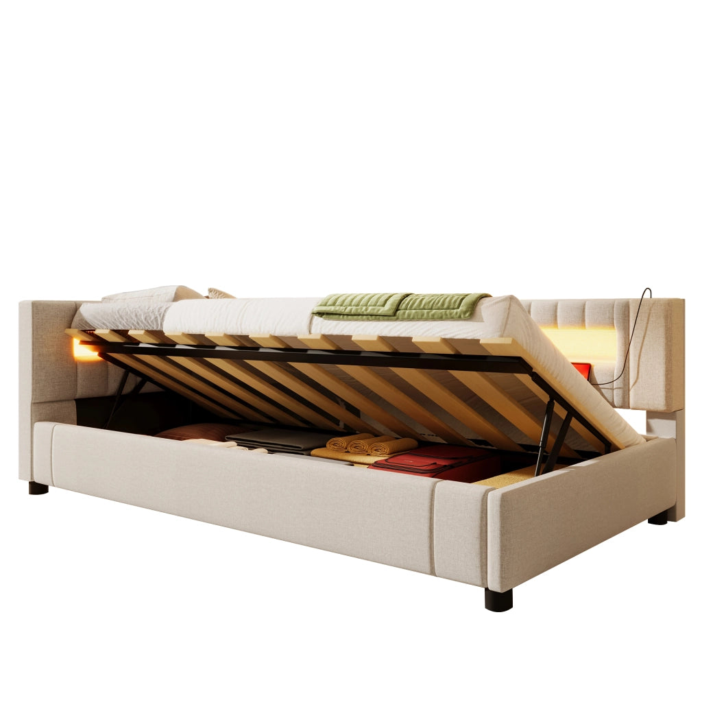 Letto da giorno 90 × 200 cm con vano contenitore idraulico LED USB e USB-C in lino beige