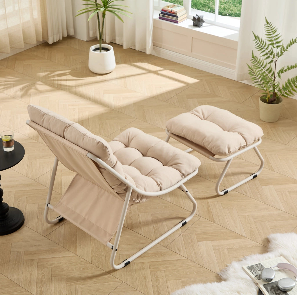 Sedia da Giardino con Poggiapiedi Beige, Poltrona Lounge con Cuscino Morbido e Struttura in Acciaio
