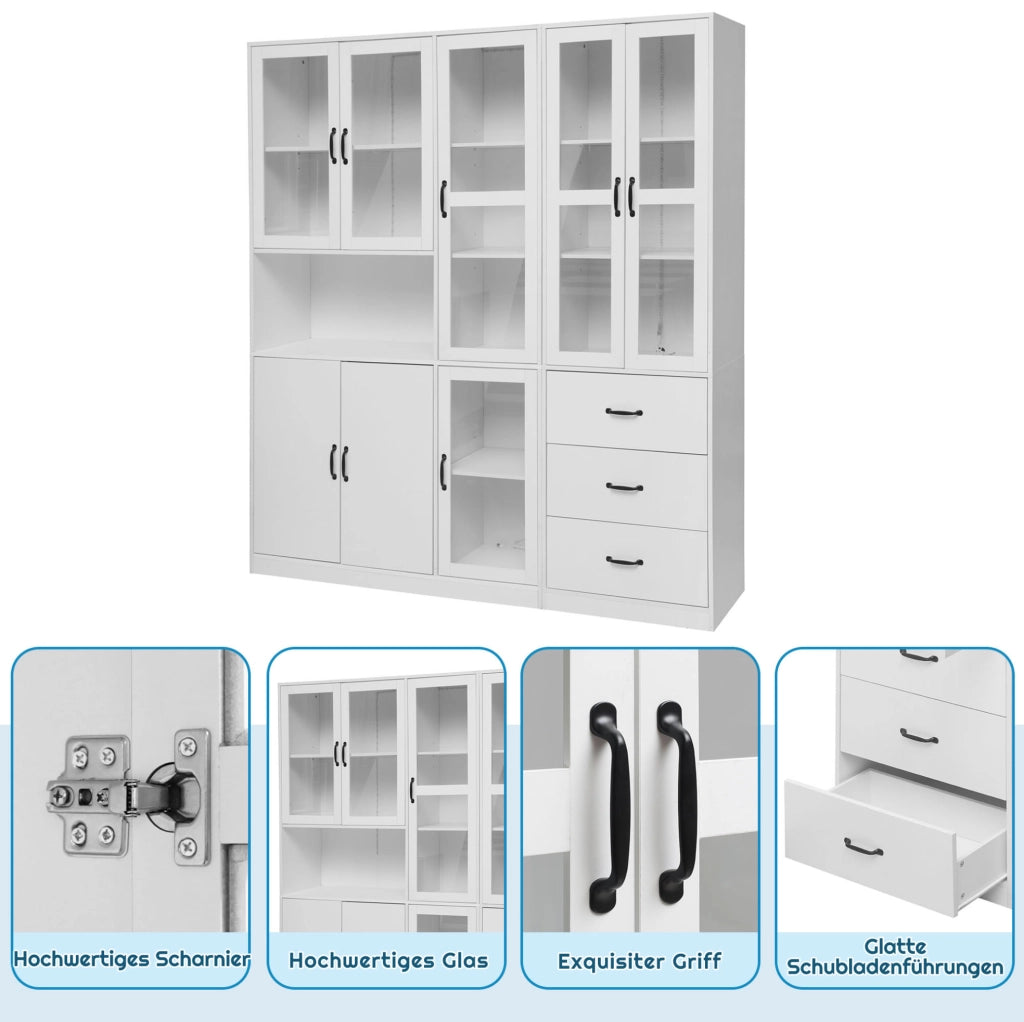 Set vetrina combinato bianco con LED, 8 ante e 3 cassetti