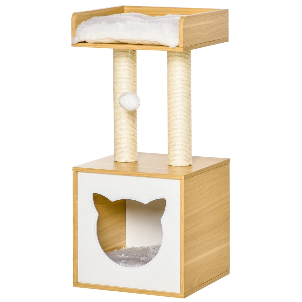 Casetta per Gatti con Pali Tiragraffi in Sisal, Cuscini Lavabili e Pallina, 35x35x81cm, Quercia