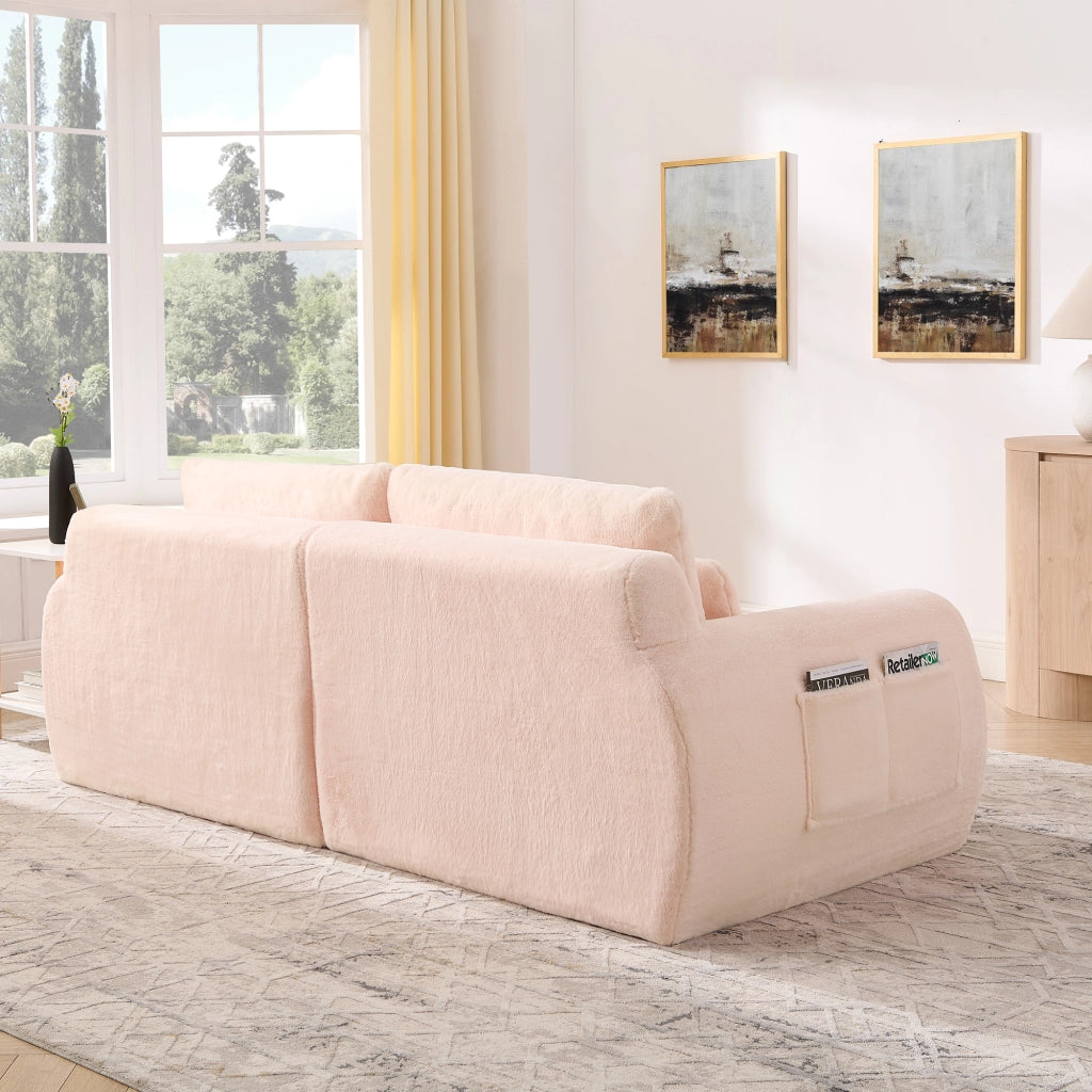 Divano 2 posti rosa con porte USB, tasca laterale e rivestimento effetto pelliccia di coniglio