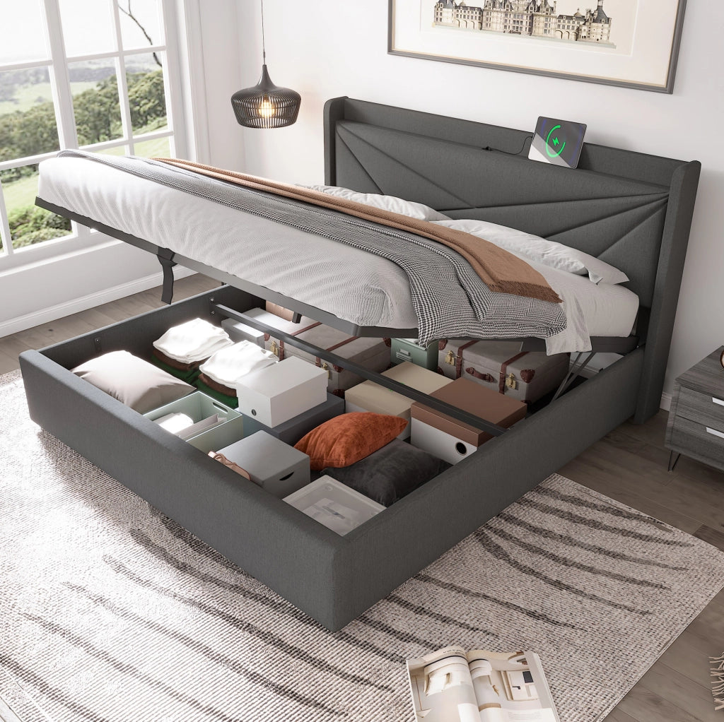 Letto matrimoniale 160x200 cm con contenitore; USB e USB-C; cotone e lino grigio