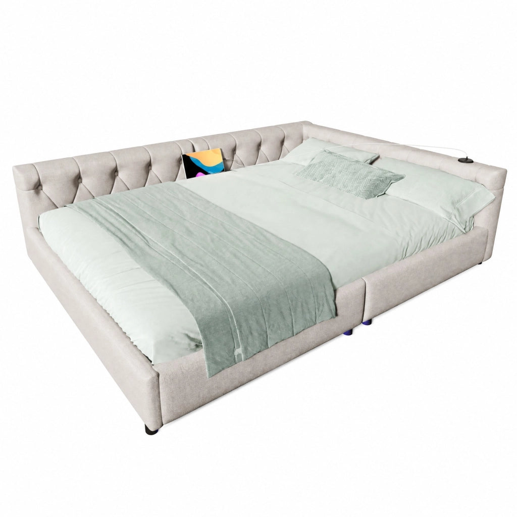 Divano letto 140x200 cm in lino con LED; USB e Type-C; beige