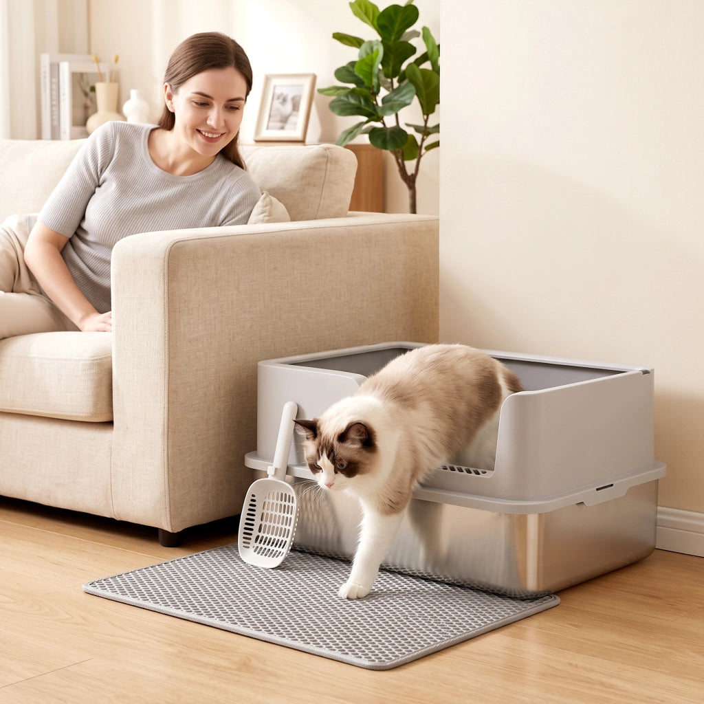 Bac Litière pour Chat en INOX XL Couvercle Bords Hauts Pelle Tapis