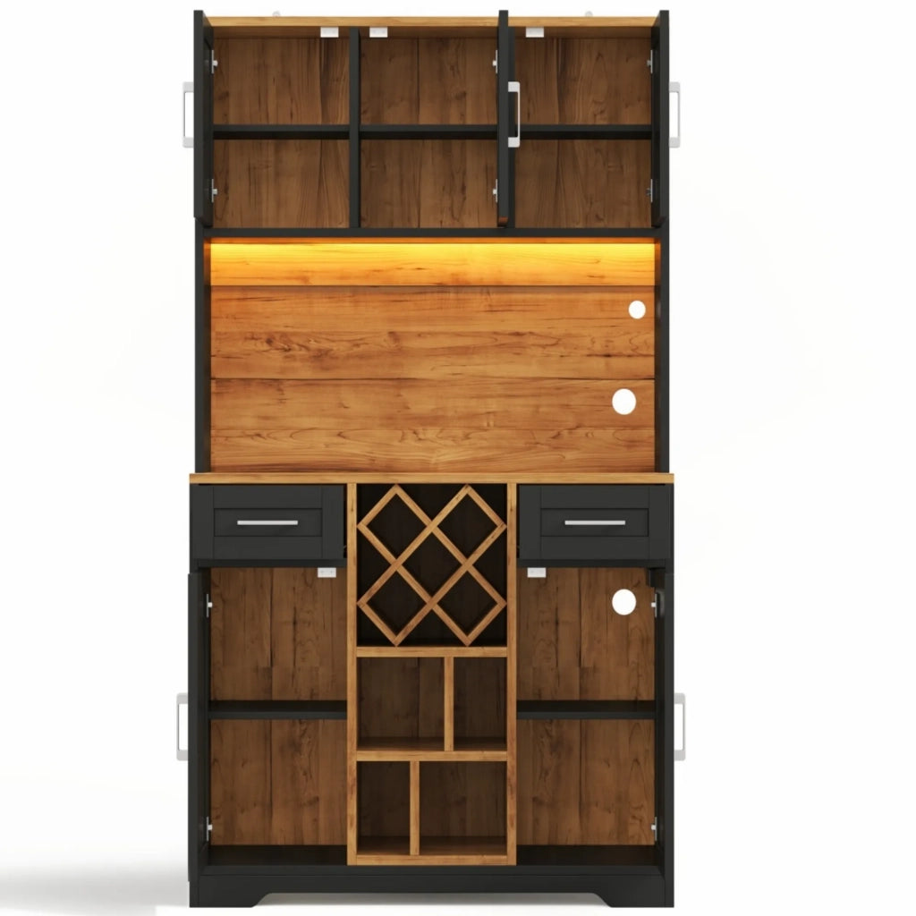 Armadio da cucina 180x105x40 cm, alta capacità con illuminazione LED, cantinetta e vetrina per soggiorno e sala da pranzo