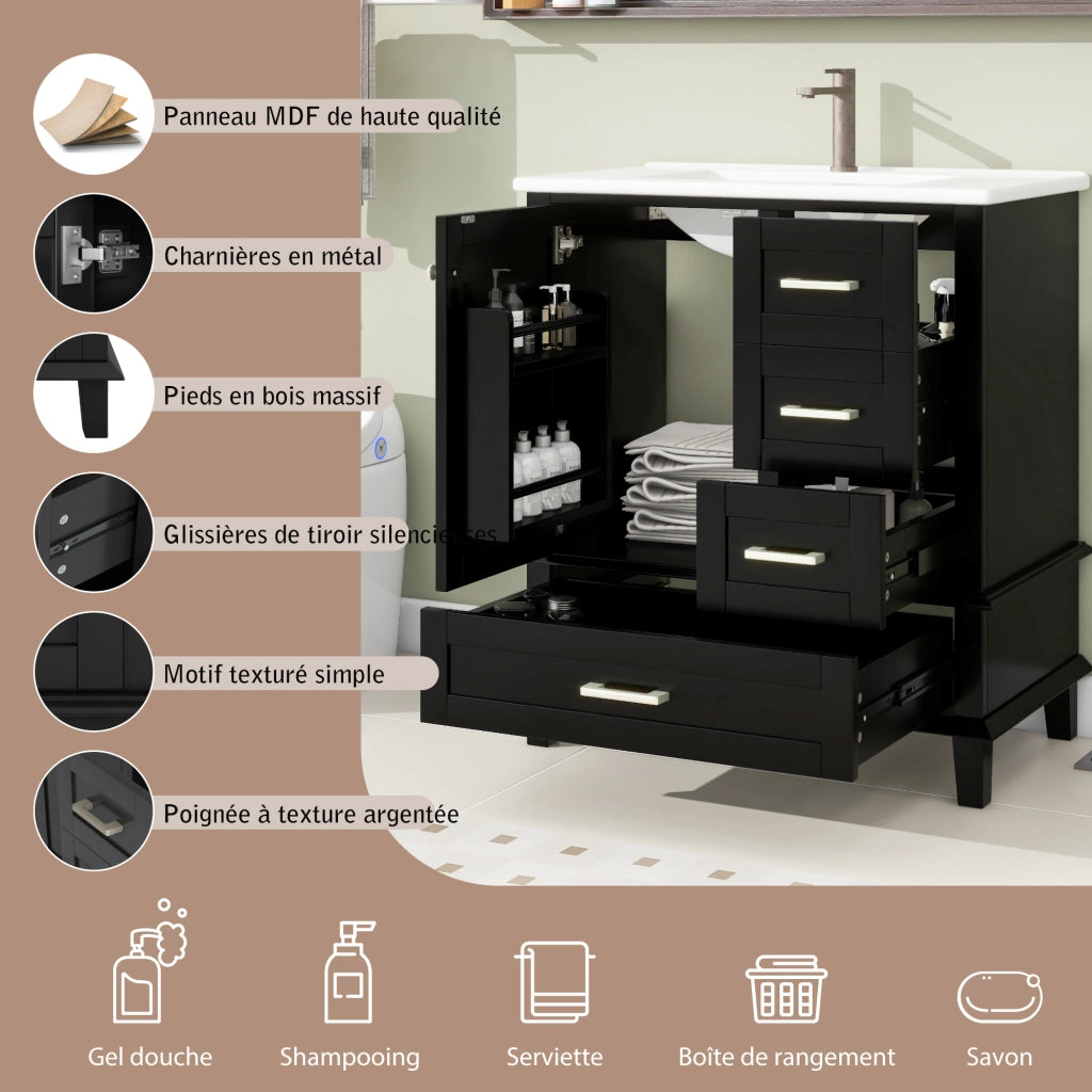 Mobile bagno 76x45;5x83;5 cm con lavabo in ceramica; 3 cassetti silenziosi e ripiano; MDF nero