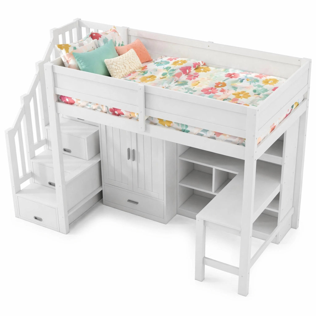 Letto a soppalco 90 × 200 cm con scrivania scaffali armadio scala contenitore LED rete a doghe legno MDF bianco