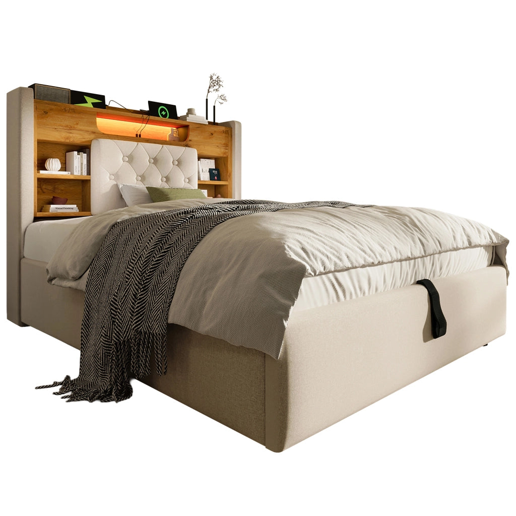 Letto imbottito beige 90 x 200 cm con contenitore idraulico