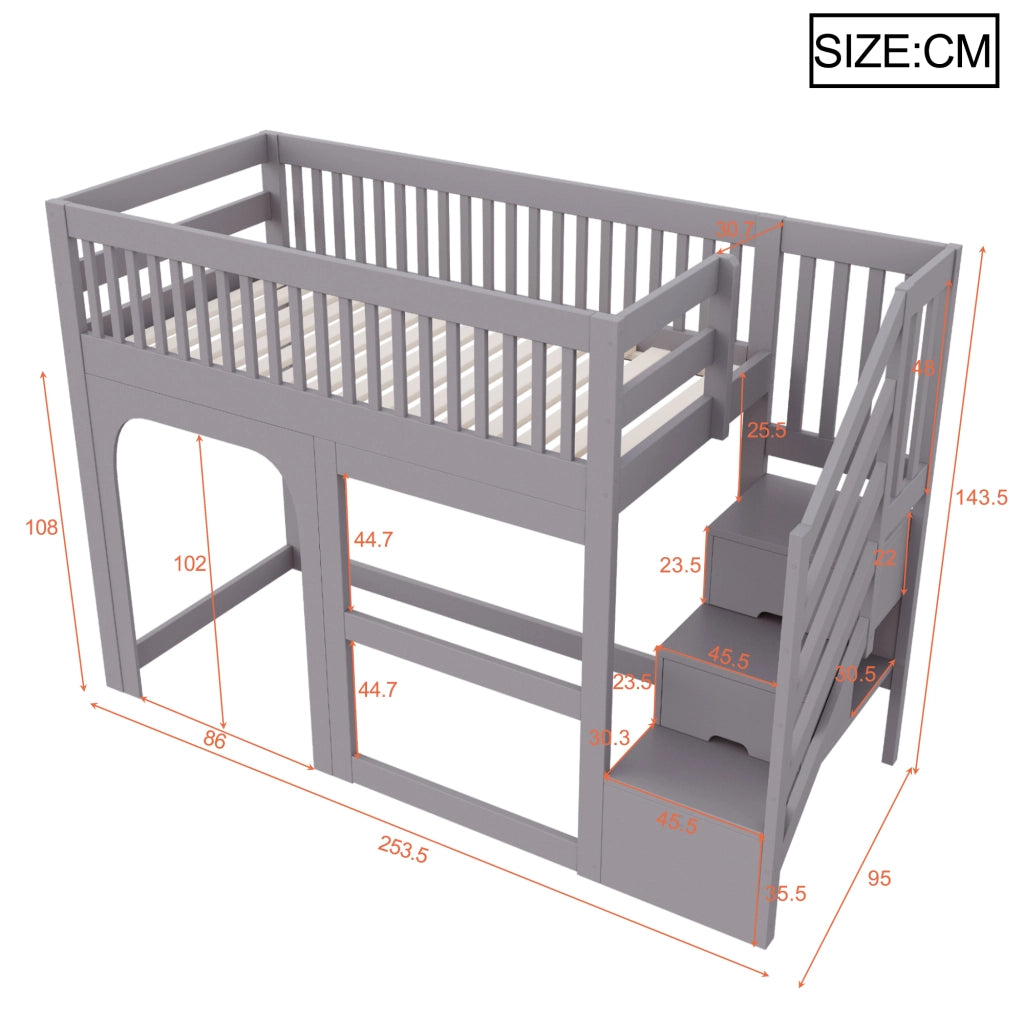 Letto a soppalco 90 × 200 cm con scala contenitore; LED; rete a doghe; protezioni e spazio aperto in legno grigio
