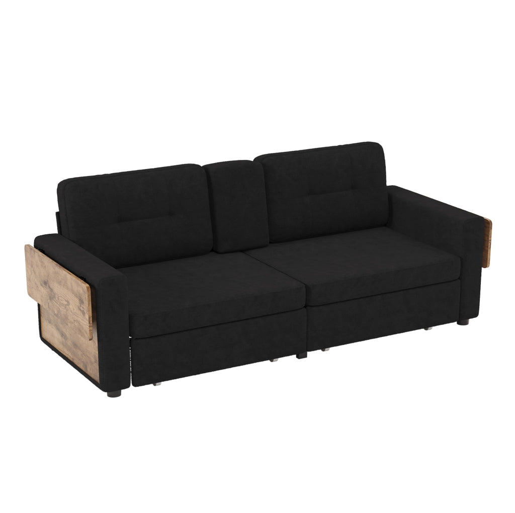Divano a due posti in chenille nero con tavolino estraibile, cassetti contenitori e portabicchieri, 178x71x57,5 cm