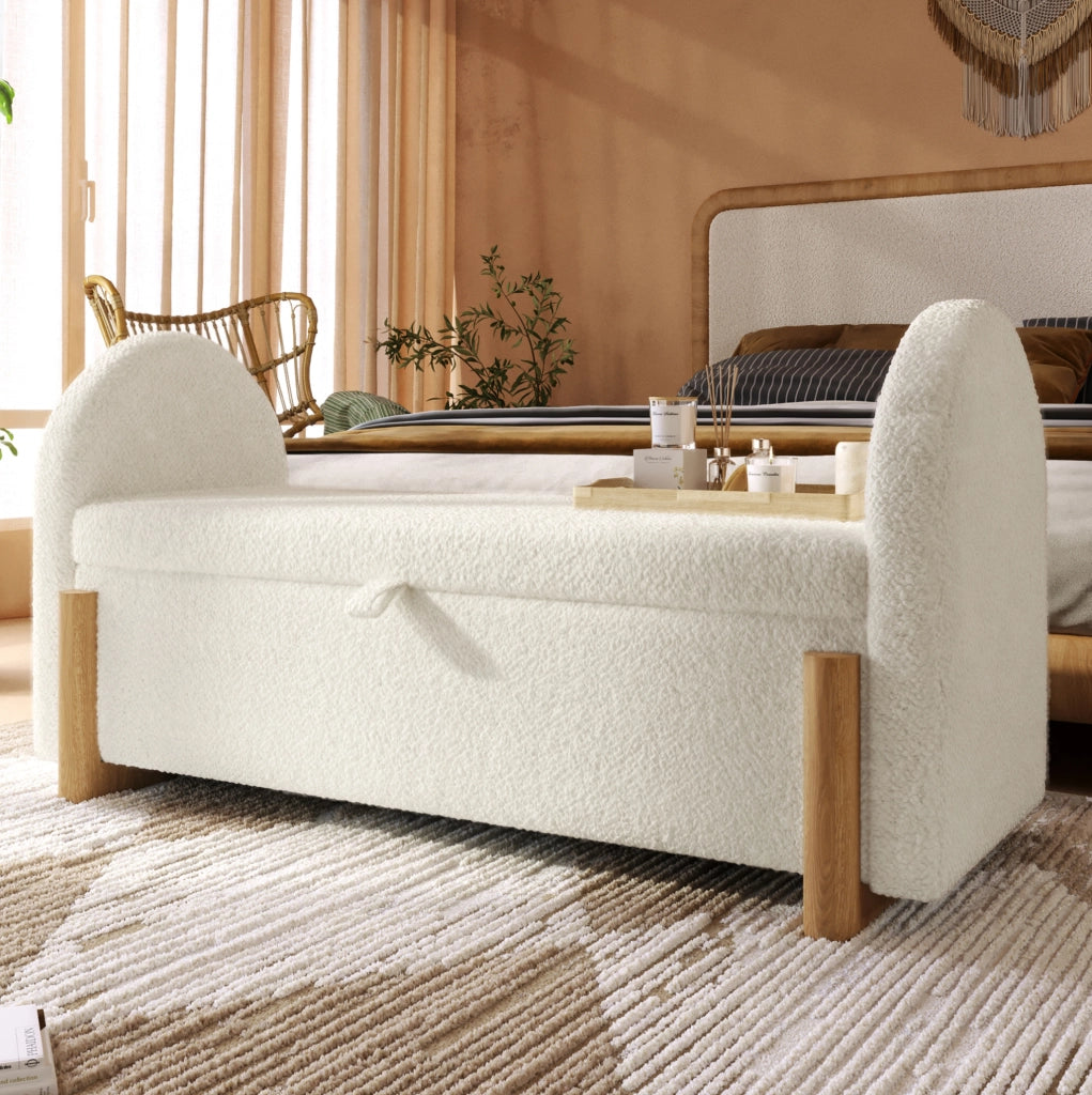 Panca con contenitore idraulico 106 cm bianca in tessuto bouclé chenille con gambe a U in legno di gomma