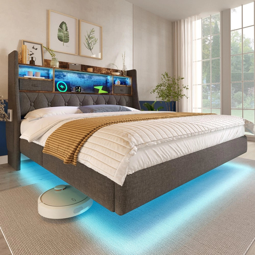 Letto Imbottito Matrimoniale con LED e Contenitore ¨C MINIMAL ¨C Tessuto Grigio 160x200