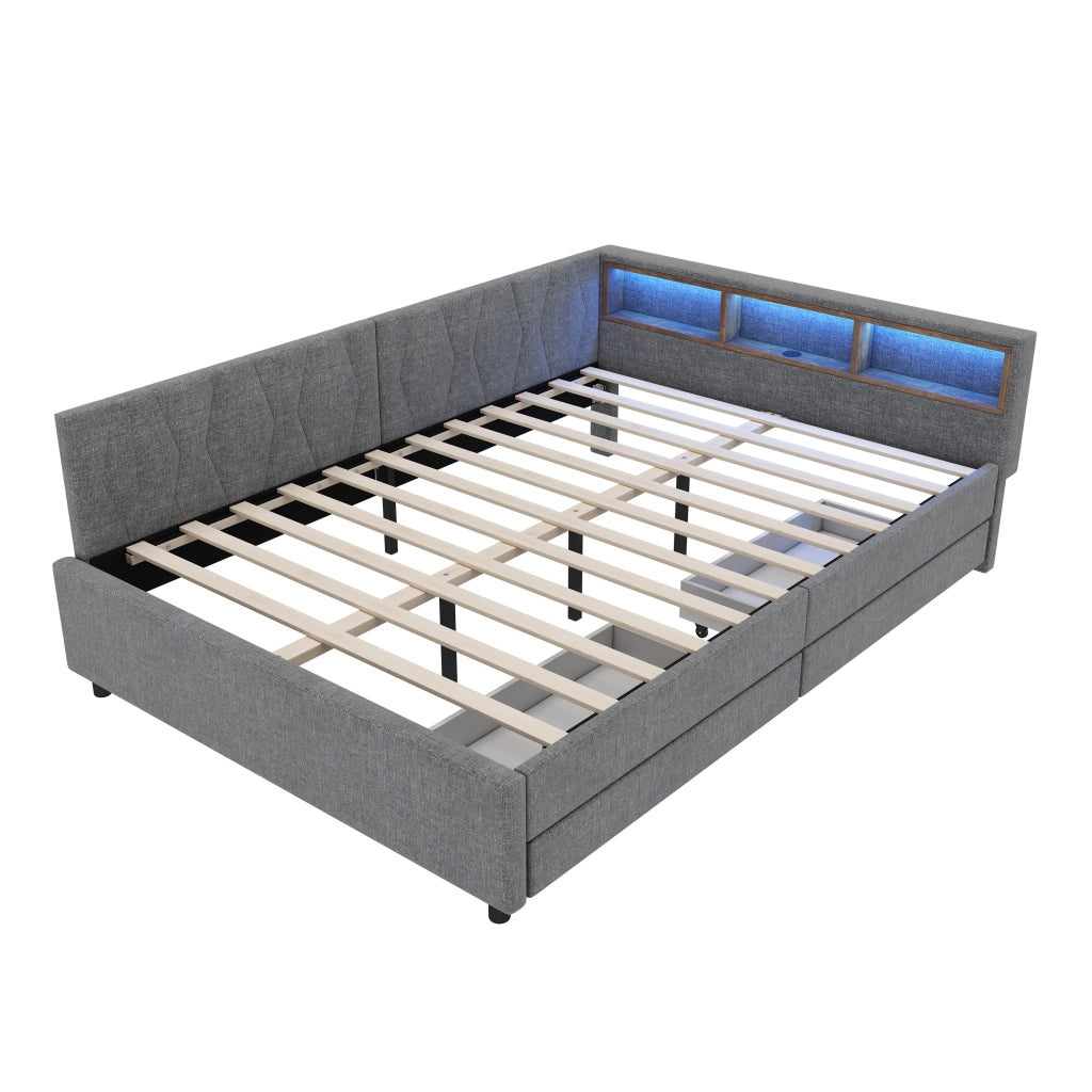 Letto estraibile 140x200 cm con rete a doghe; USB e porta tipo C; LED e vani portaoggetti; lino e MDF; grigio
