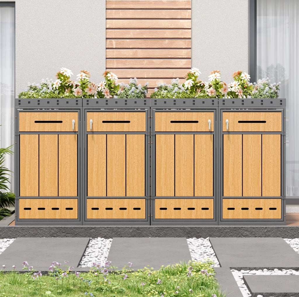 Cassonetto porta rifiuti in acciaio zincato con tetto coltivabile effetto legno per 4 bidoni da 120-240 L