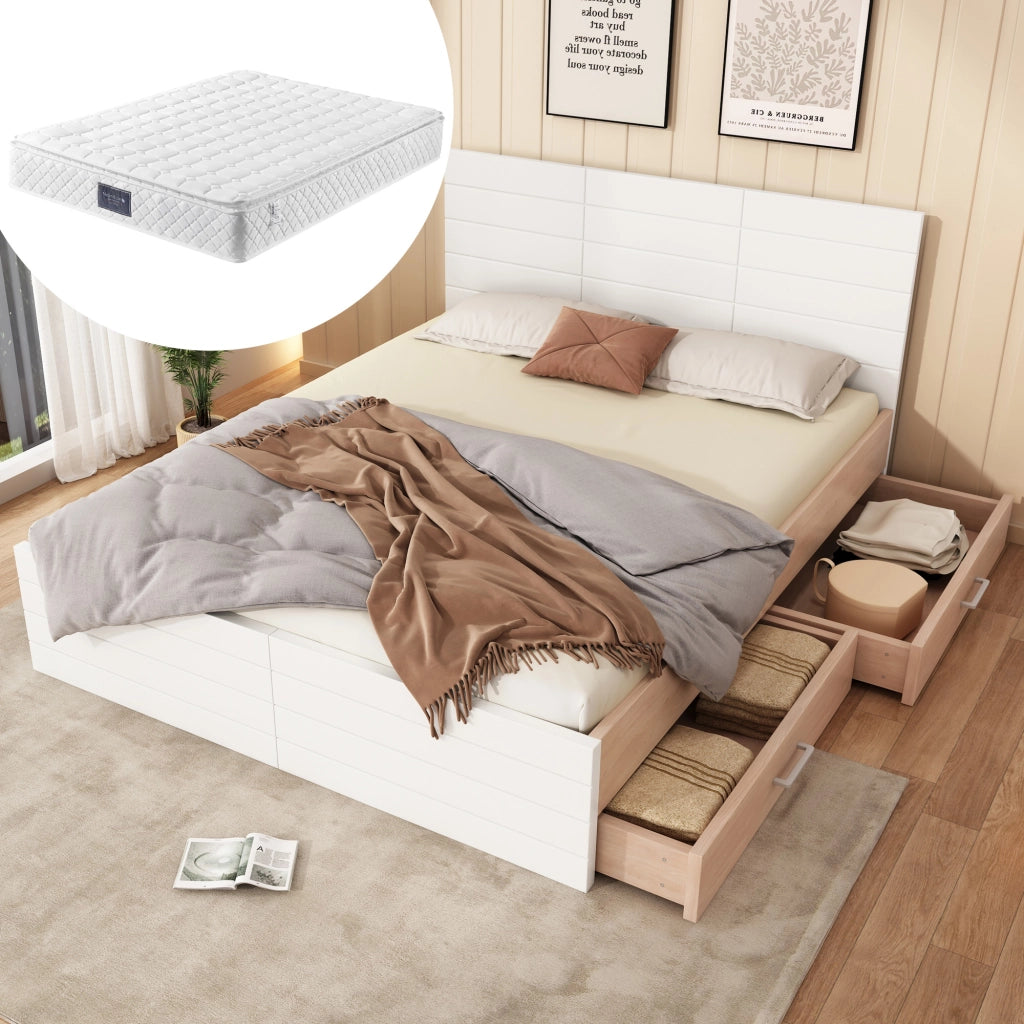 Letto matrimoniale 160 × 200 cm con 2 cassetti, materasso incluso, in legno massiccio e MDF, bianco e rovere