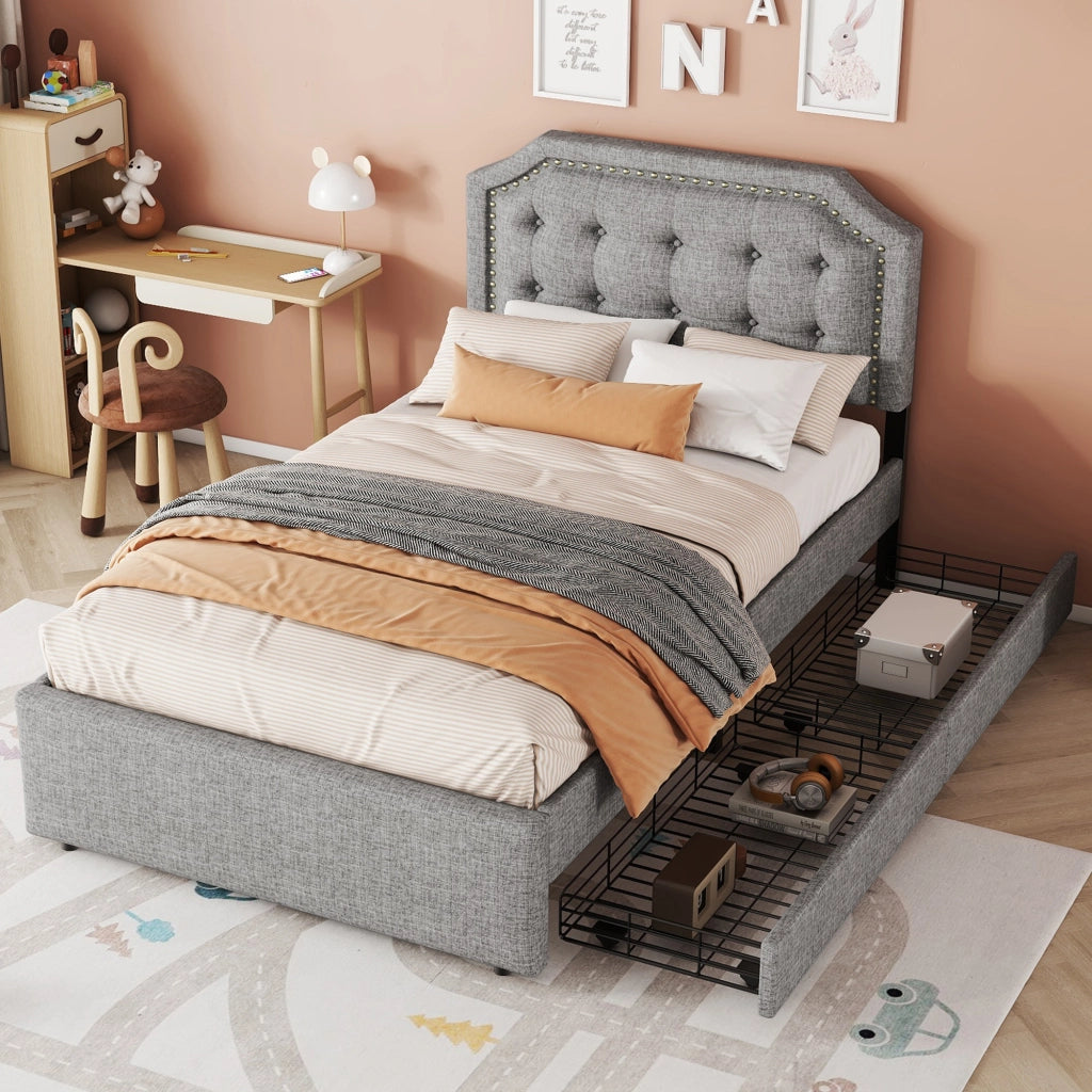 LETTO imbottito 90x200 cm Grigio con 2 cassetti