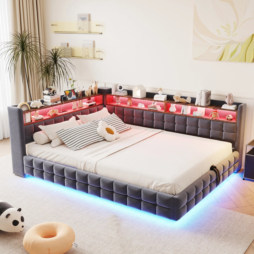 Divano letto multifunzionale in velluto grigio scuro 140x200 vano ripiano LED USB