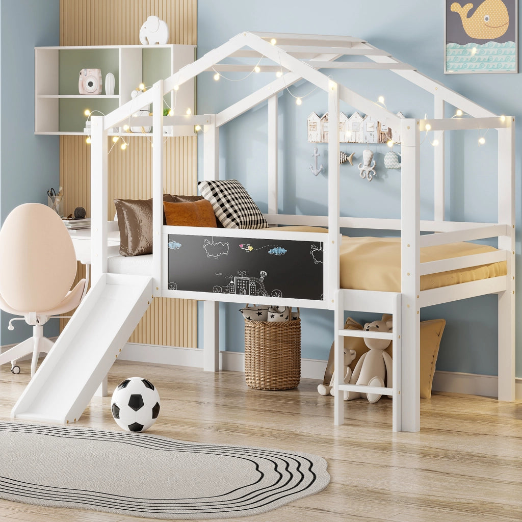 Letto a castello bianco in legno massello con scivolo e scala di sicurezza 90x200 cm