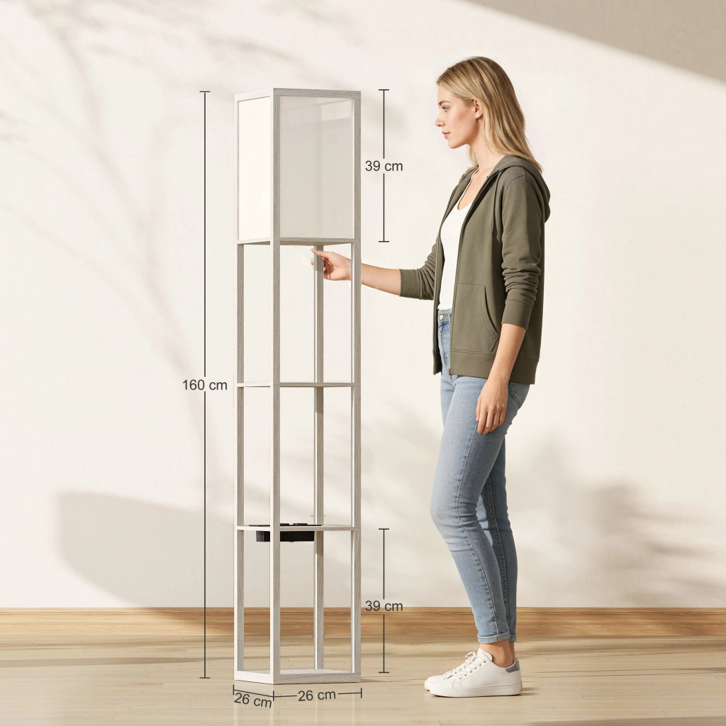 Lampada da Terra con Ripiani e USB ¨C Minimal ¨C Bianco e Rovere