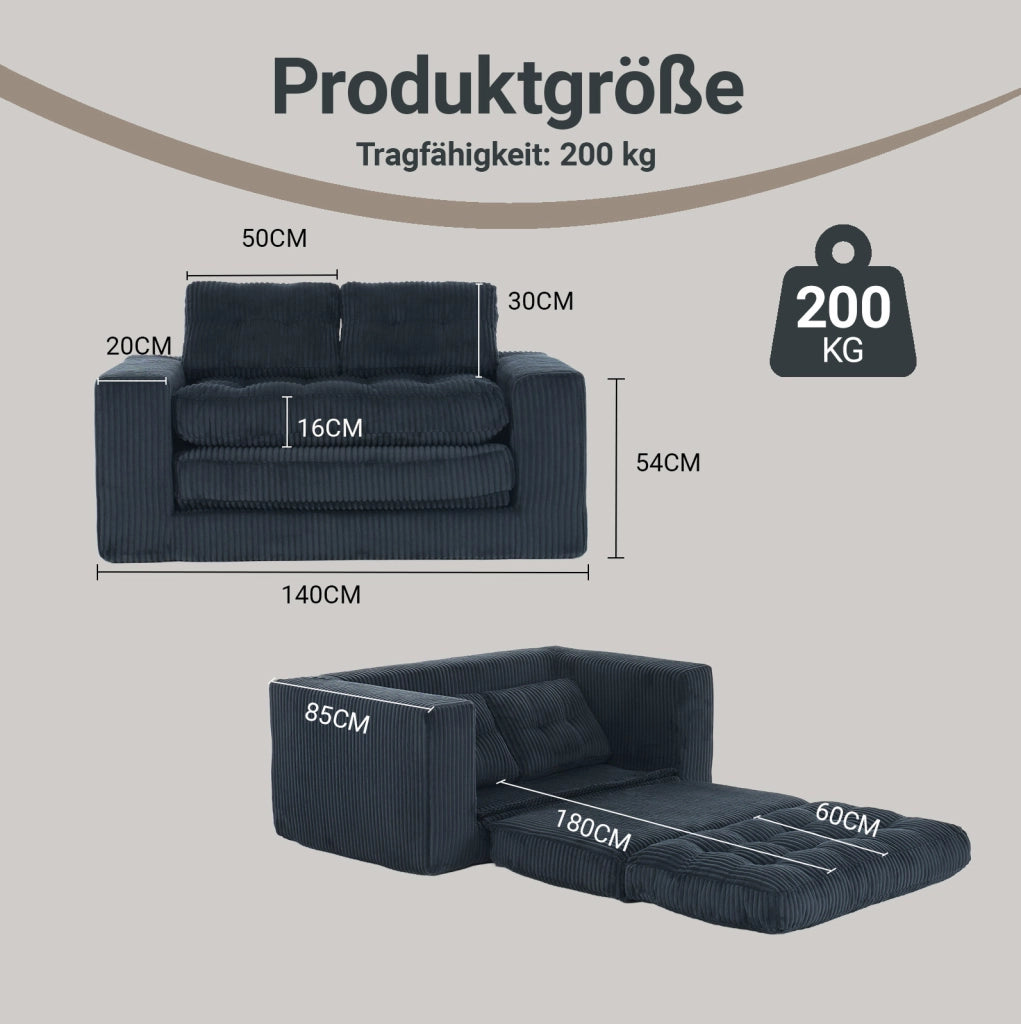 Divano Letto 2 Posti in Velluto a Coste con Memory Foam – Design senza Cornice, Compatto per Piccoli Spazi e Home Office