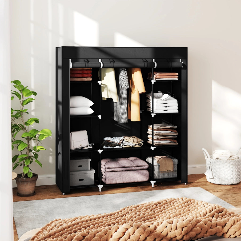 Armadio Guardaroba in Tessuto Pieghevole con Asta Appendiabiti e 9 Ripiani, 150 cm x 43 cm x 162,5 cm, Nero, Salvaspazio