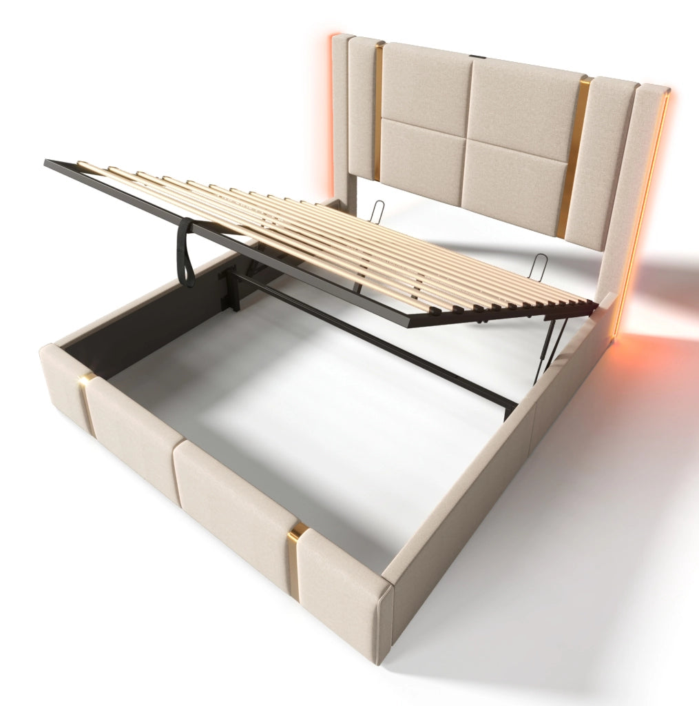Letto imbottito 140x200 cm con materasso, contenitore, LED, USB e USB-C beige