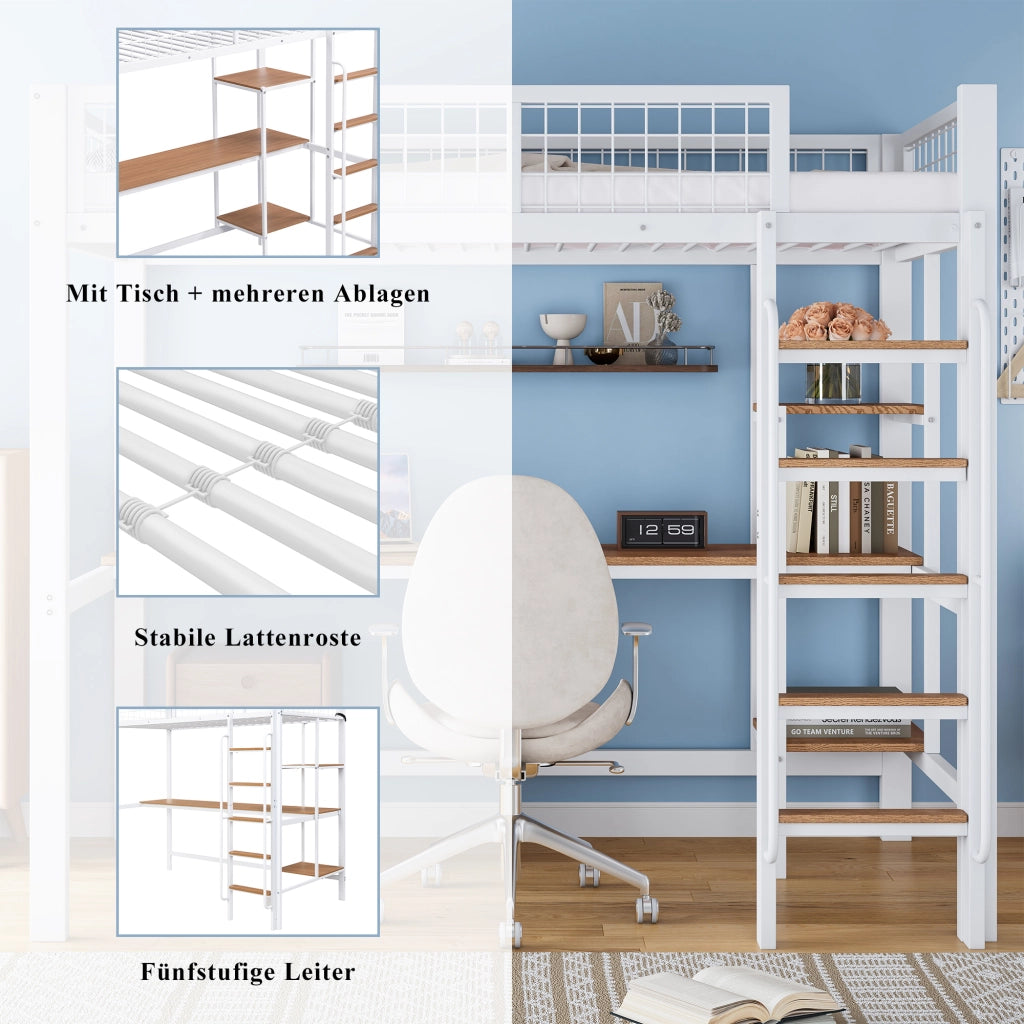 Letto a soppalco 90 × 200 cm con scrivania, scaffali e scala a 5 gradini, senza materasso, bianco naturale