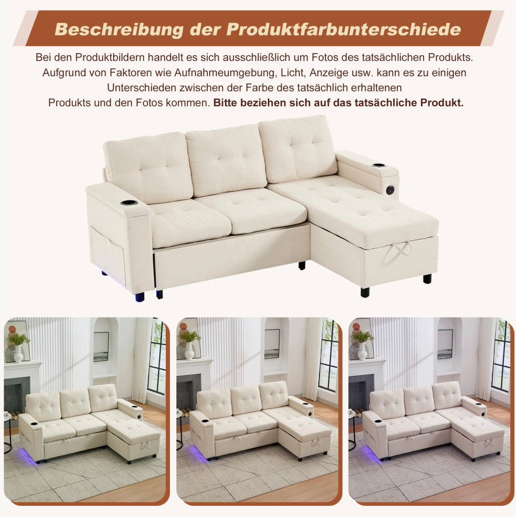Divano letto pieghevole beige con contenitore e luci LED