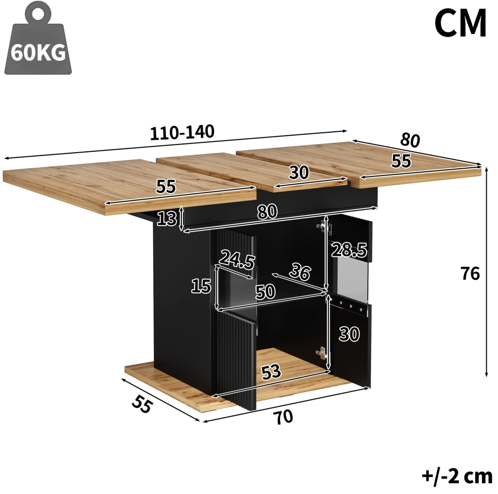 Tavolo da pranzo allungabile con vano portaoggetti e illuminazione LED, 110-140 cm, nero con finitura effetto legno