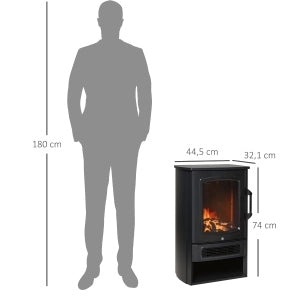 Camino Elettrico Nero con Effetto Fiamma Realistico, Termostato, 1000/2000 W, per Ambienti fino a 25 mq, 44,5x32,1x74 cm