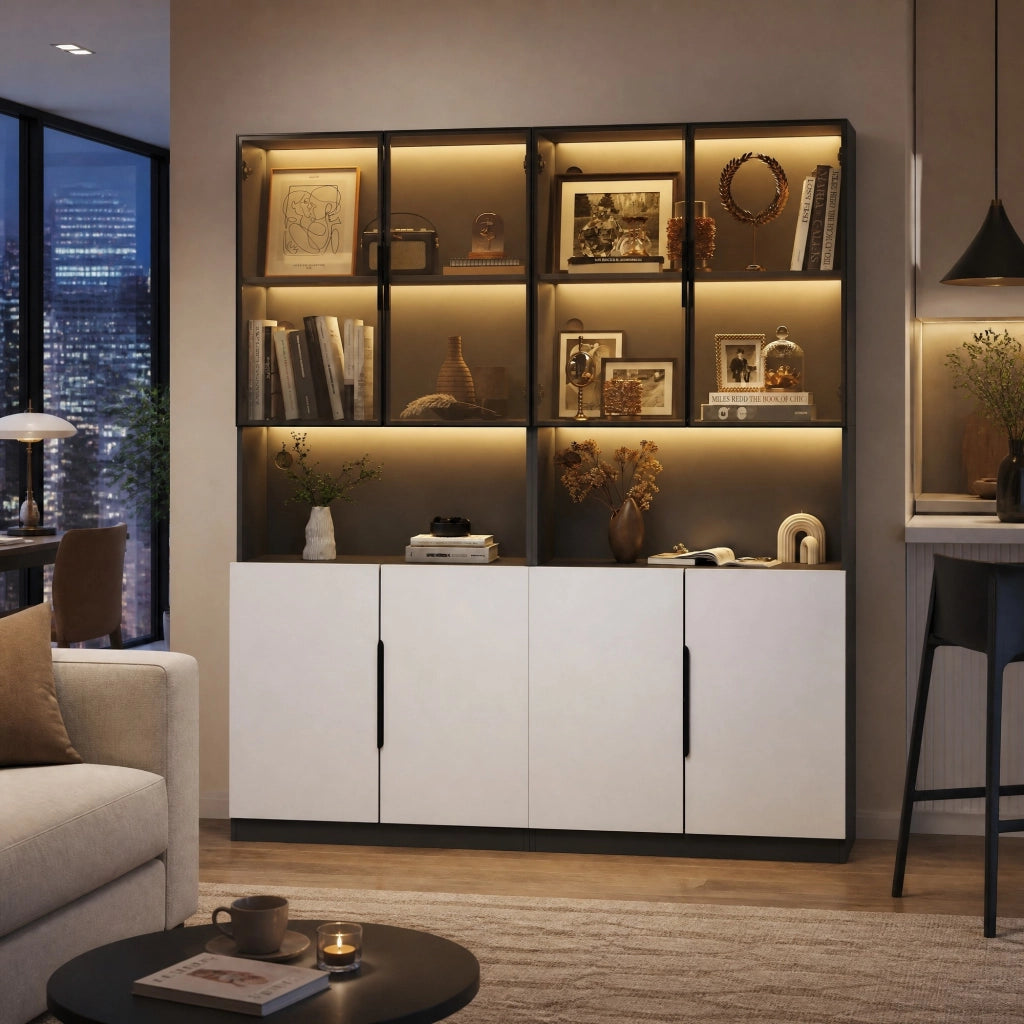 Vetrina con LED regolabili e ante in vetro temperato ripiani regolabili bianco e nero 160 × 30 × 200 cm