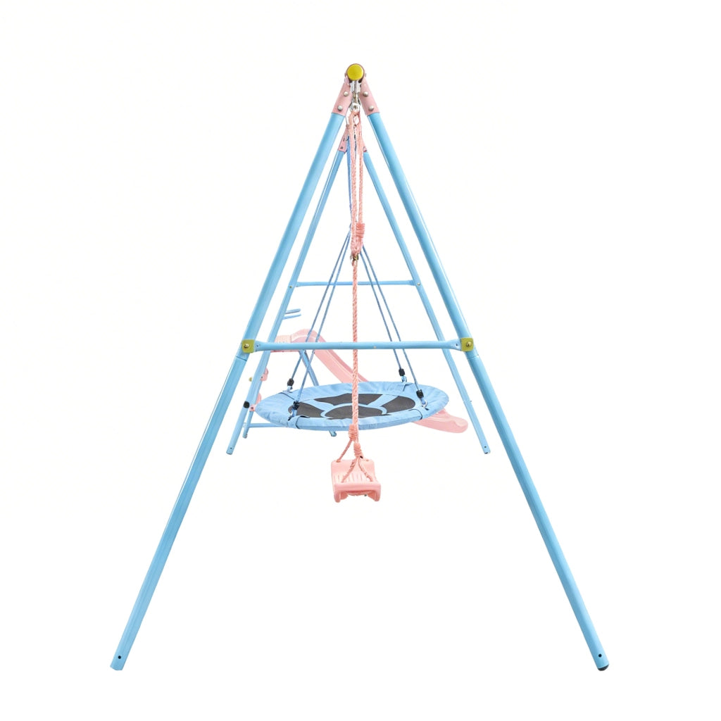 Altalena con scivolo due sedute classica e rotonda struttura in acciaio e HDPE blu e rosa per bambini dai 3 anni
