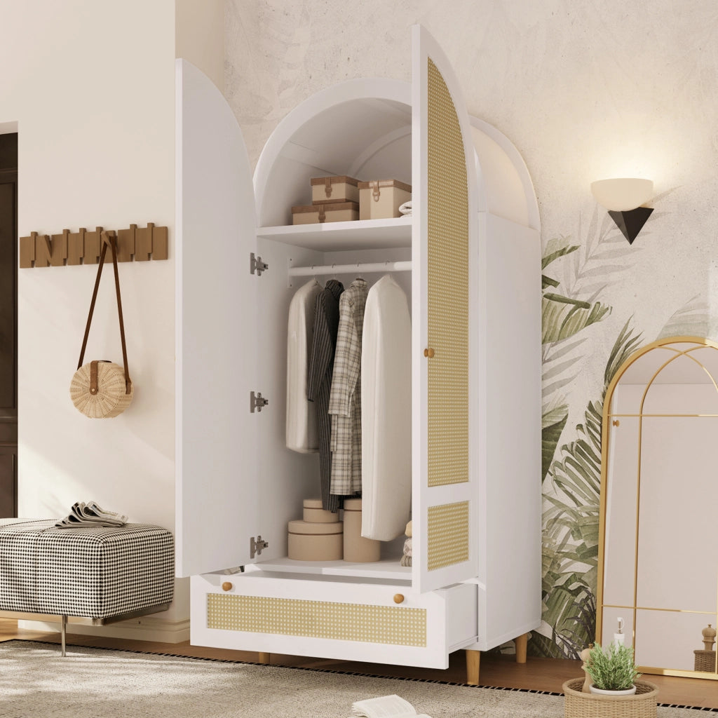 Armadio con ante; asta appendiabiti e 1 cassetto; design ad arco; per camera e ingresso; in MDF bianco; 80 × 50 × 180 cm