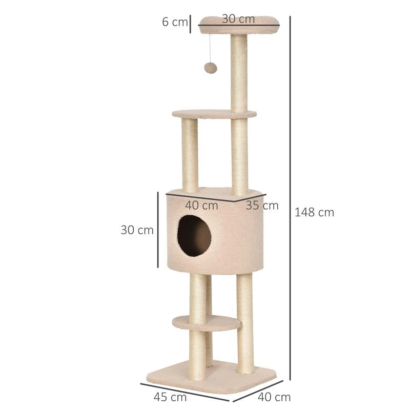 ALBERO TIRAGRAFFI ROBUSTO PER GATTI CON CUCCIA E CORDA SISAL BEIGE