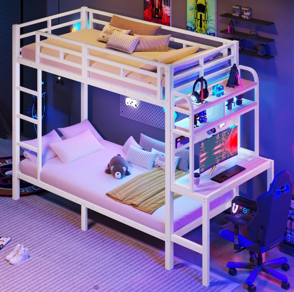 Letto a castello 90x200 cm con scrivania, LED e USB bianco