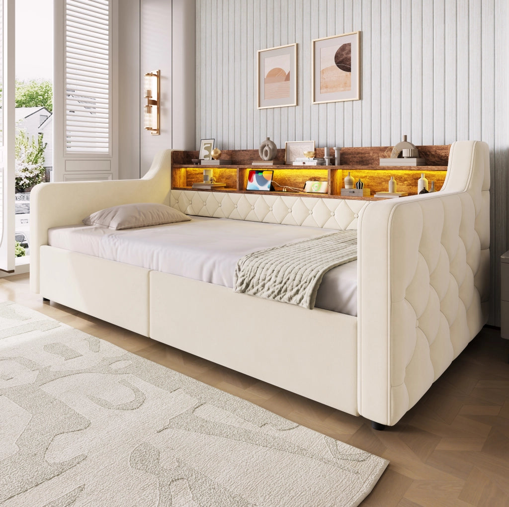 Letto singolo imbottito 90x190 cm con contenitore, LED integrato, porte USB e Type-C, testiera con ripiani e 2 cassetti beige