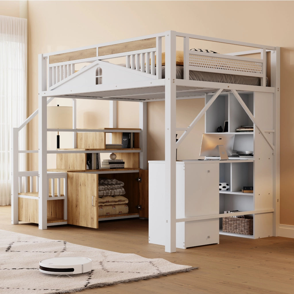 Letto a soppalco 140 × 200 cm con scale e vani contenitore struttura in metallo compensato e MDF bianco