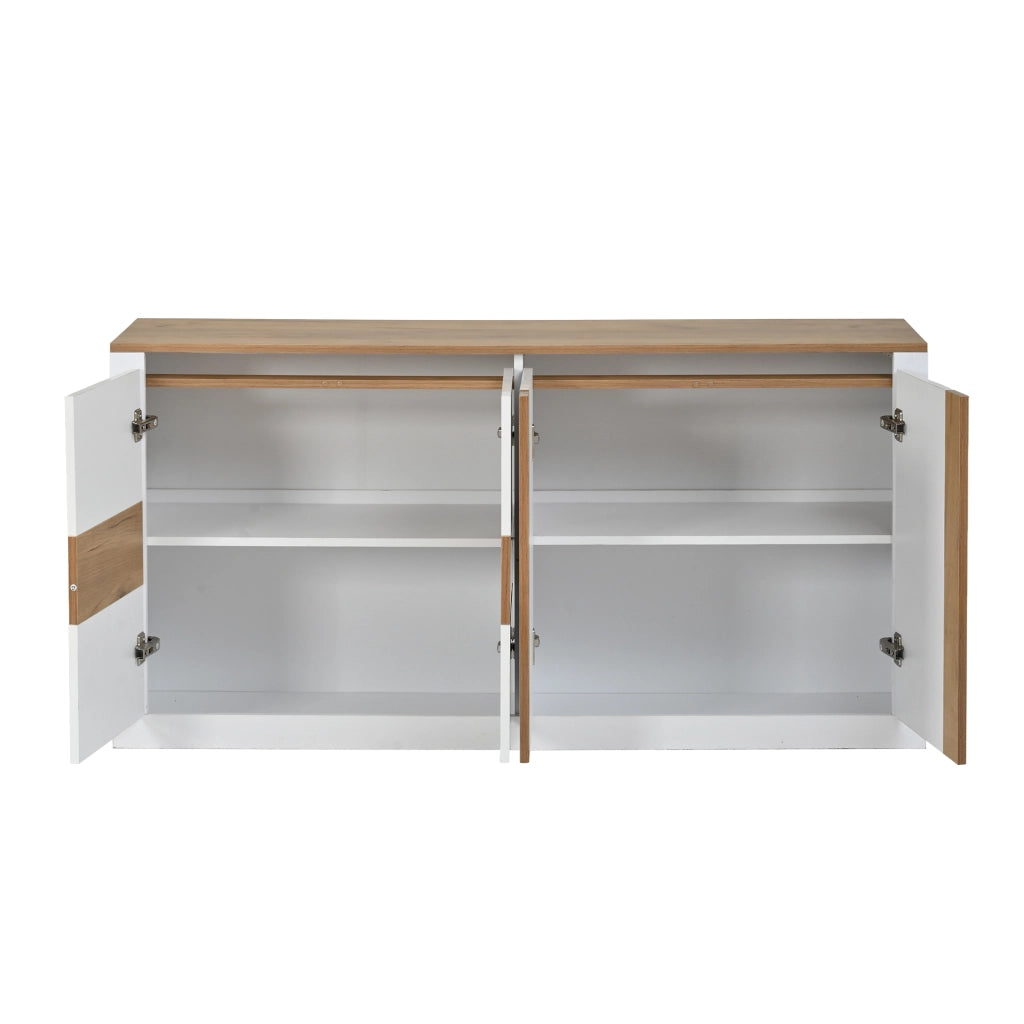 Credenza Bianca Lucida 140 cm con LED RGB; Mobile Soggiorno 4 Ante in MDF; Finitura Rovere